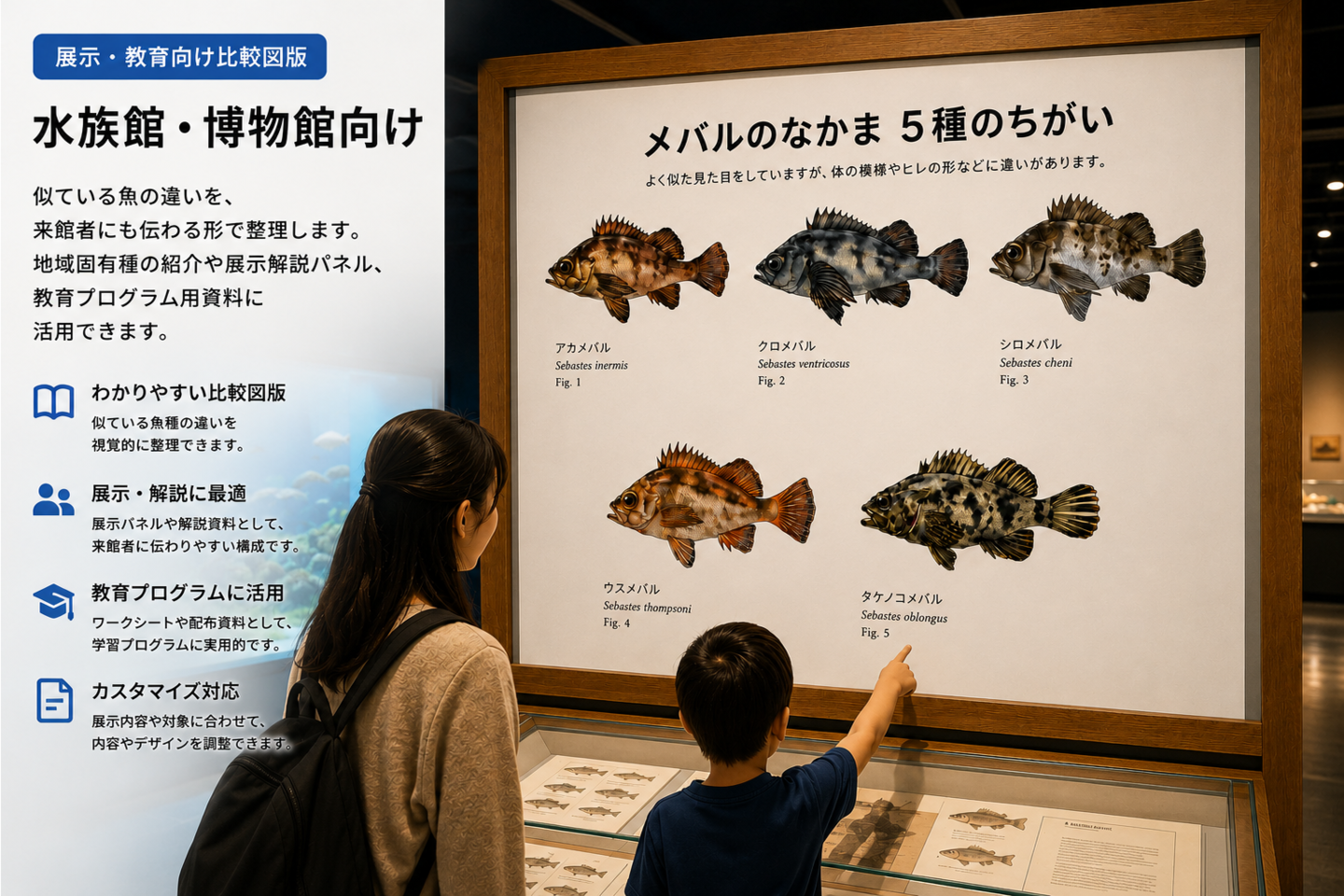 水族館展示室でメバル類5種比較図版を掲載した大型解説パネルを親子が見学しているイメージ。アカメバル、クロメバル、シロメバル、ウスメバル、タケノコメバルの違いを解説する展示活用例。