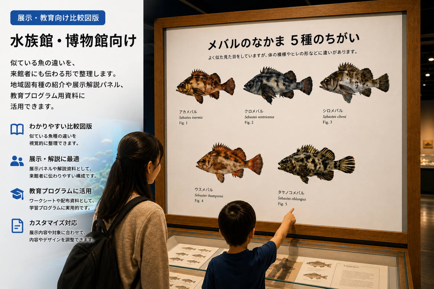 博物館展示室でメバル類5種比較図版を掲載した大型解説パネルを親子が見学しているイメージ。アカメバル、クロメバル、シロメバル、ウスメバル、タケノコメバルの違いを解説する展示活用例。