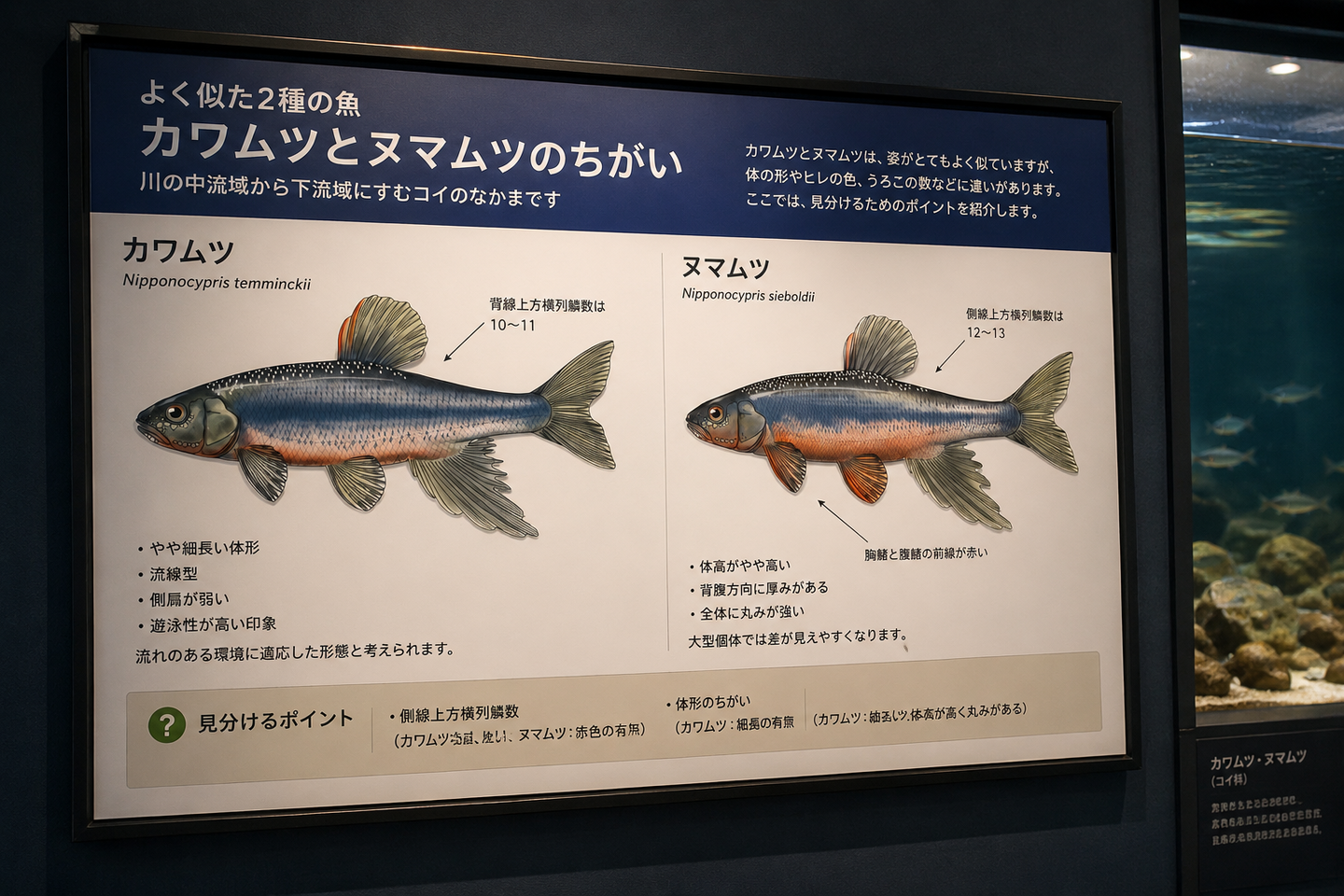 水族館展示室に設置されたカワムツとヌマムツの比較解説パネル。魚類図版を用いて体形、鱗数、ヒレの色彩などの識別ポイントを解説し、来館者が近縁種の違いを学べる展示活用イメージ。