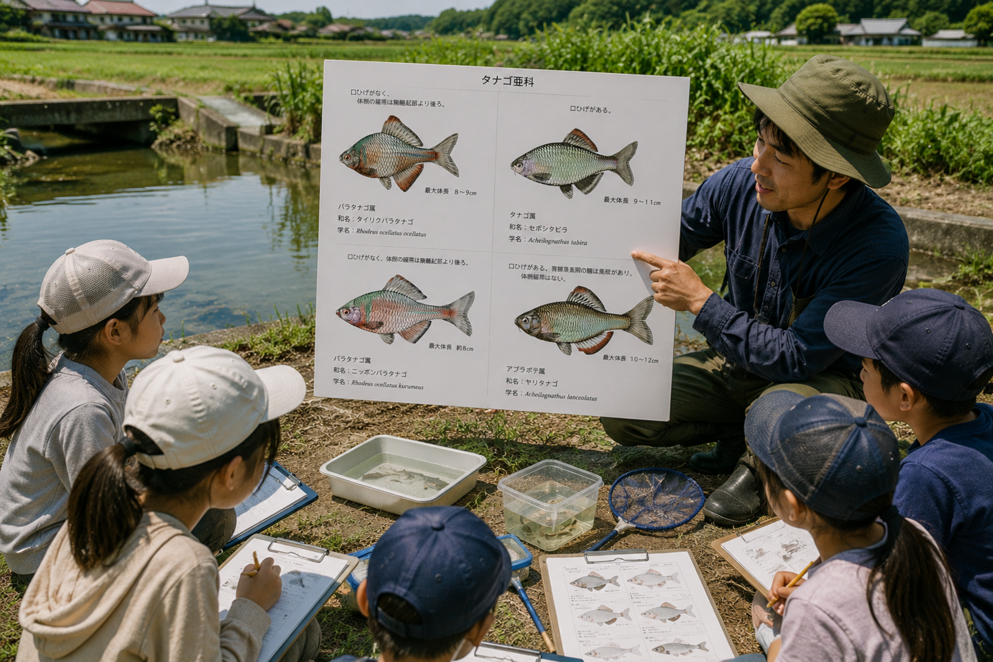 農業用水路とため池のほとりで行われる環境学習会の様子。指導者がタナゴ類比較図版を使ってタイリクバラタナゴ、ニッポンバラタナゴ、セボシタビラ、ヤリタナゴの違いを解説し、子どもたちが観察記録を取りながら学習している教育プログラムのイメージ。