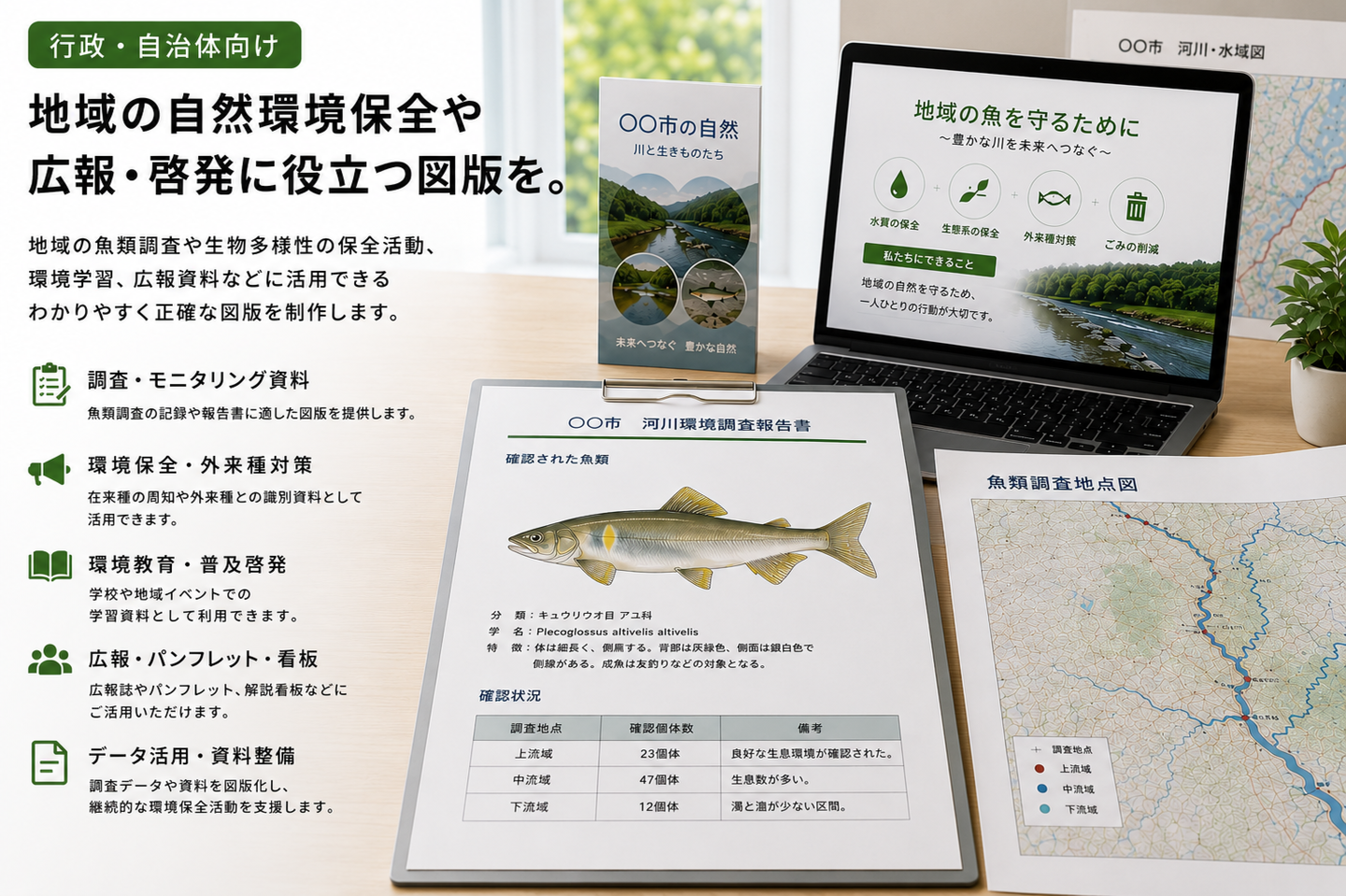 行政・自治体の環境保全事業を想定した資料一式。アユの魚類図版を掲載した河川環境調査報告書、魚類調査地点図、自然環境保全パンフレット、環境啓発スライドが並び、地域の生物多様性保全や環境教育への活用を示している。