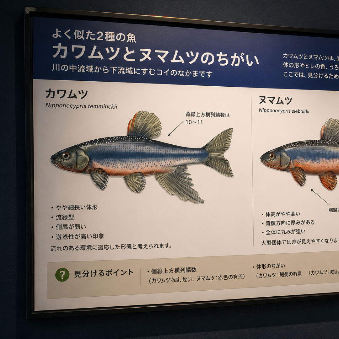 水族館展示で使用される魚類比較図版のイメージ。カワムツ（Nipponocypris temminckii）とヌマムツ（Nipponocypris sieboldii）を同一条件で比較し、体高、体型、側線上方横列鱗数、背鰭や腹鰭の色彩差など識別に必要な特徴を解説した展示パネル。